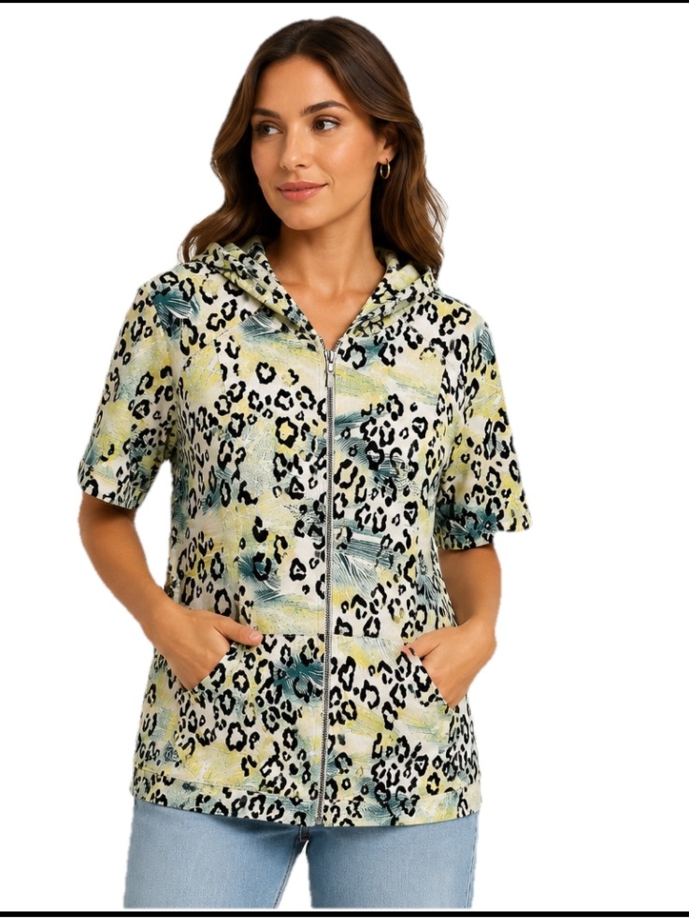 By Chico's Lime Teal Black Leopard Print Short Sleeve Hooded Jacket 1/S